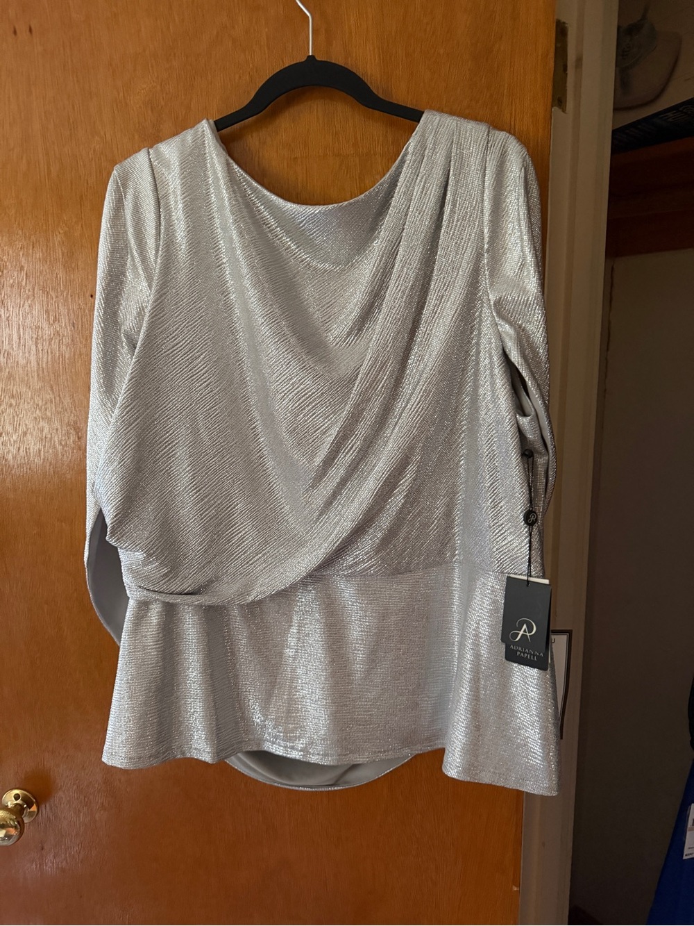 Adrianna Papell Silver Draped Metallic Blouse